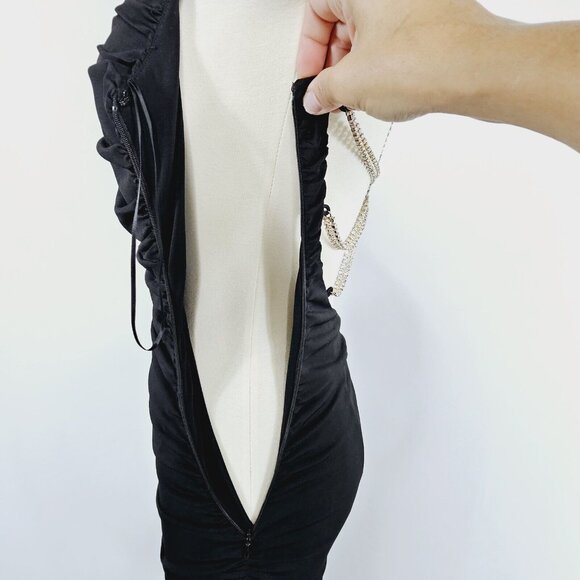 Vintage Cache Y2K Black Ruched Bodycon Dress 6 Rhinestone Chain Back Cocktail - Picture 16 of 17